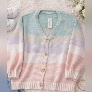 78 & Sunny Pastel Stripe Button Cardigan Sz L Cozy Soft Knit oversized